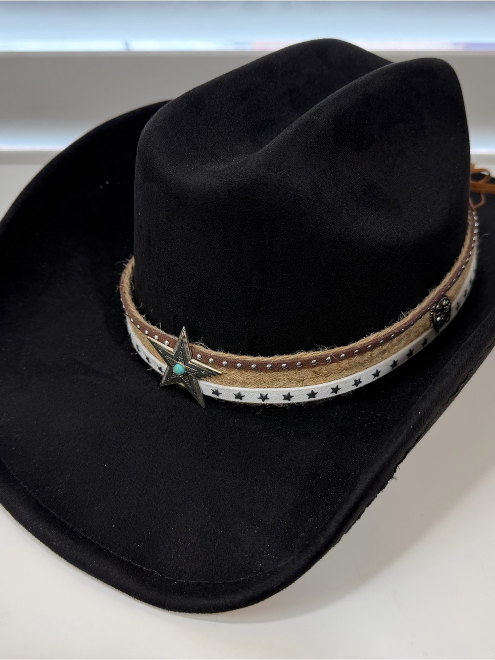 Black Western Hat with Star Concho and Turquoise Accent - Picture 3 of 5